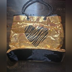Betsey Johnson Gold Sequin Betseyville Heart Carry All Tote Bag